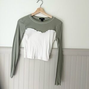 Forever 21 Small Sage Green White Colorblock Ribbed Crop Top Lettuce Trim
